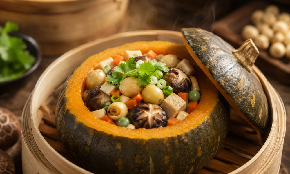 Bí đỏ nhồi hạt sen nấm hấp