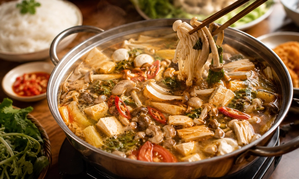 lẩu nấm chua cay lá giang