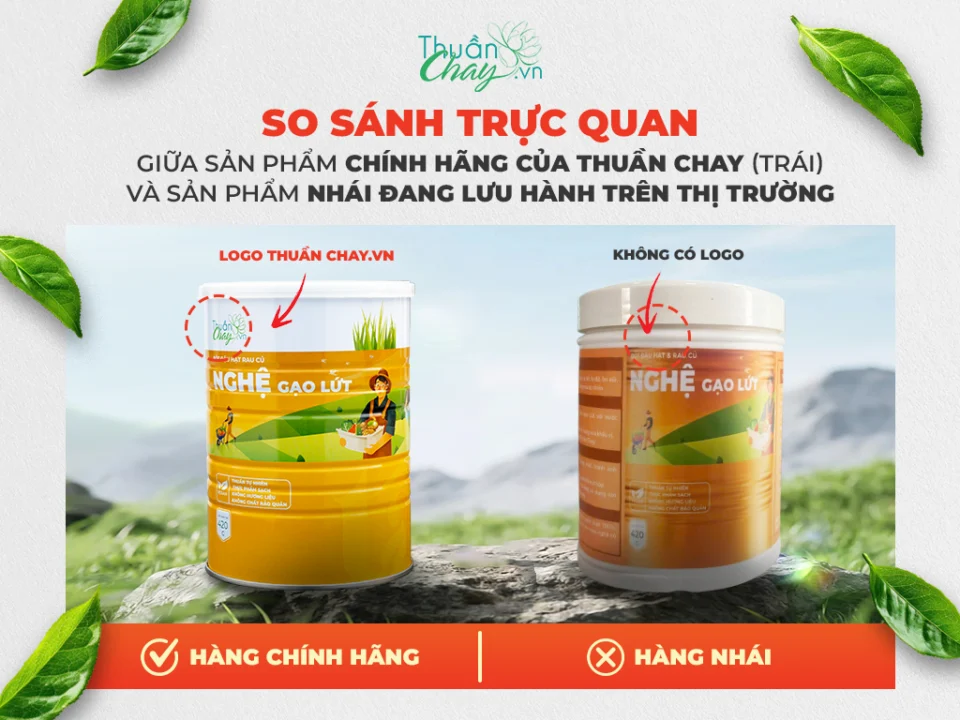 Cách phân biệt hàng nhái và hàng thật Bột Nghệ Gạo Lứt Thuần Chay