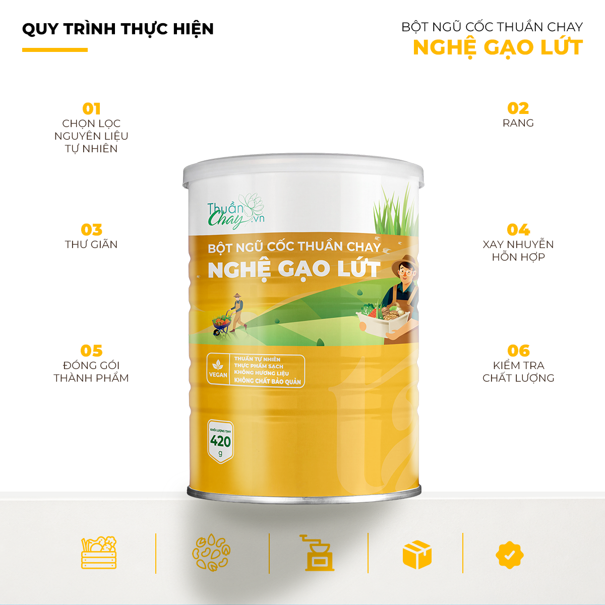 Bột Ngũ Cốc Thuần Chay Nghệ Gạo Lứt 5 Quy trình sản xuất bột ngũ cốc thuần chay nghệ gạo lứt