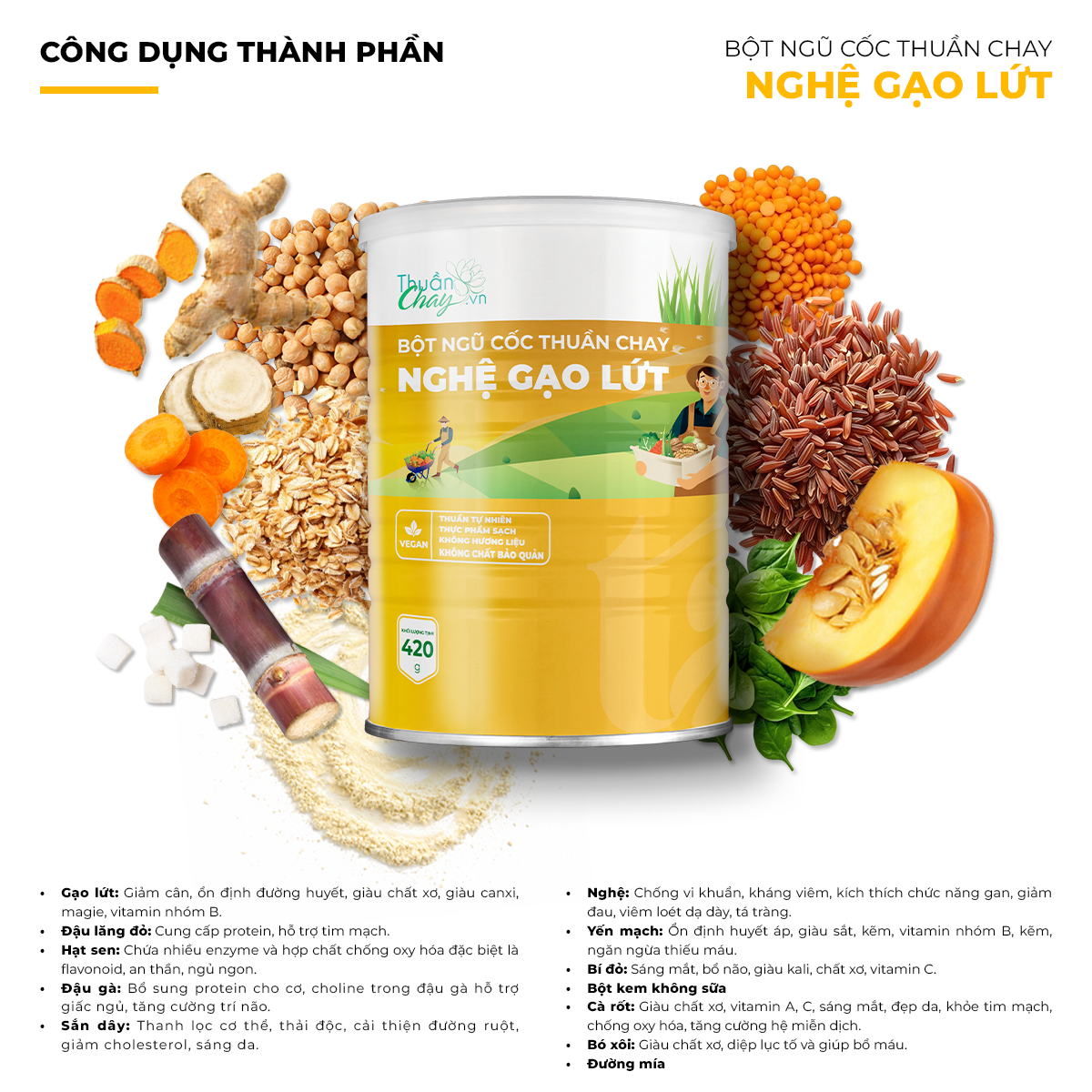 Bột Ngũ Cốc Thuần Chay Nghệ Gạo Lứt 3 Công dụng thành phần Bột ngũ cốc Thuần chay Nghệ Gạo Lứt