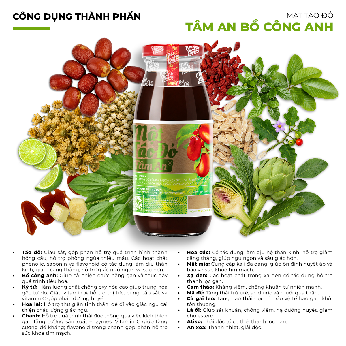 Mật Táo Đỏ Tâm An Bồ Công Anh 250ml 3 Công dụng thành phần Mật Táo Đỏ Bồ Công Anh Tâm An