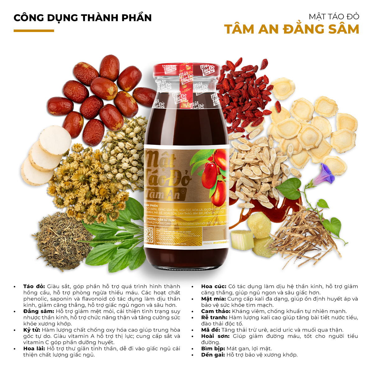 Mật Táo Đỏ Tâm An Đẳng Sâm 250ml 3 Công dụng thành phần Cách dùng Mật Táo Đỏ Tâm An Đẳng Sâm