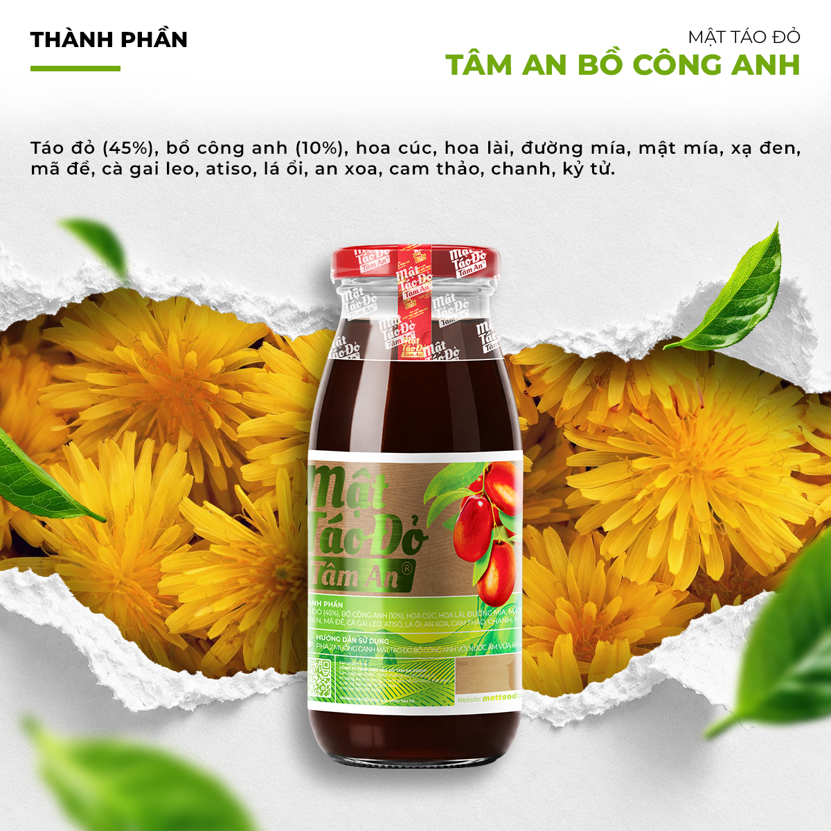 Mật Táo Đỏ Tâm An Bồ Công Anh 250ml 2 Thành phần Mật Táo Đỏ Tâm An Bồ Công Anh